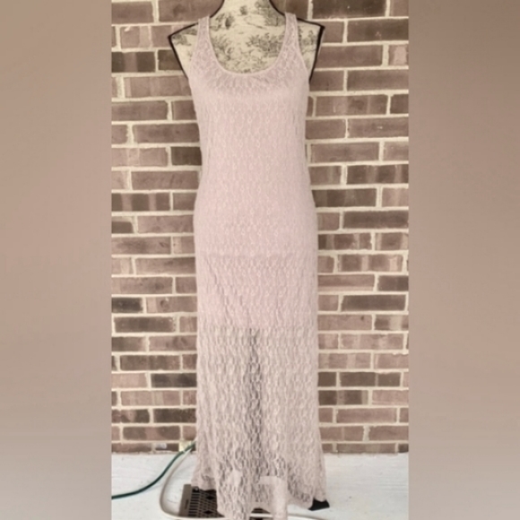 Mauve Gray Neutral Taupe Fitted Stretch Lace Dress ISSI Sheer Bodycon Midi Maxi - Picture 5 of 8